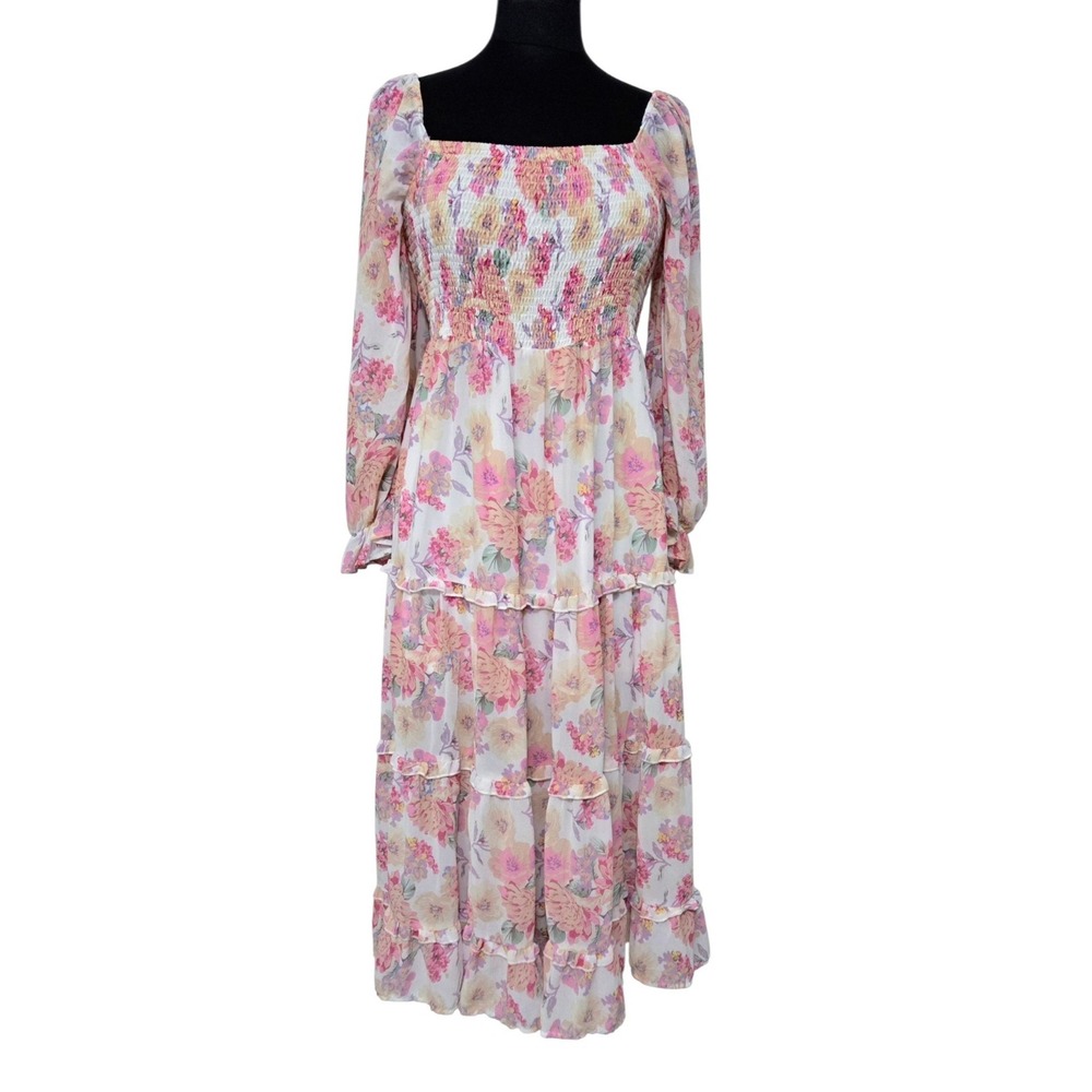 R. Yiposha Square Neck Ruffled Ruched Long Sleeve Floral Feminine Dress Size L